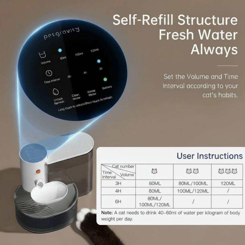Pet water dispenser with digital display and user instructions on a beige background