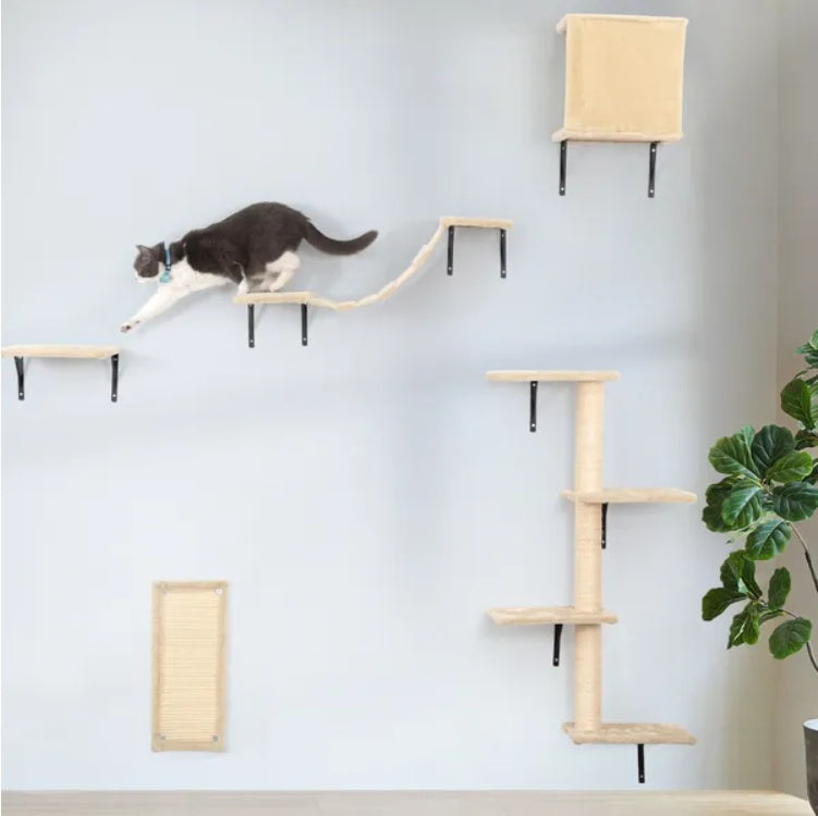 5 Pcs Wall Mounted Cat Climber Set - Floating Cat Shelves And Perches - Cat Activity Tree With Scratching Posts - Modern Cat Furniture