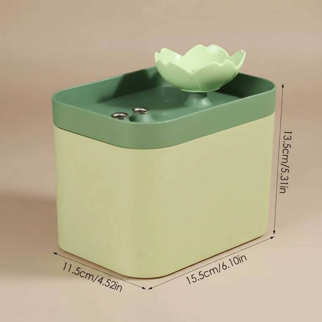 Green lotus design pet water fountain with dimensions on a beige background
