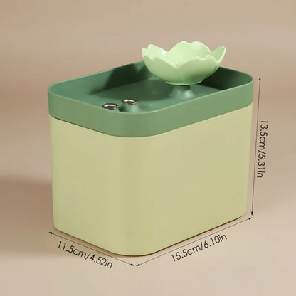 Green lotus design pet water fountain with dimensions on a beige background