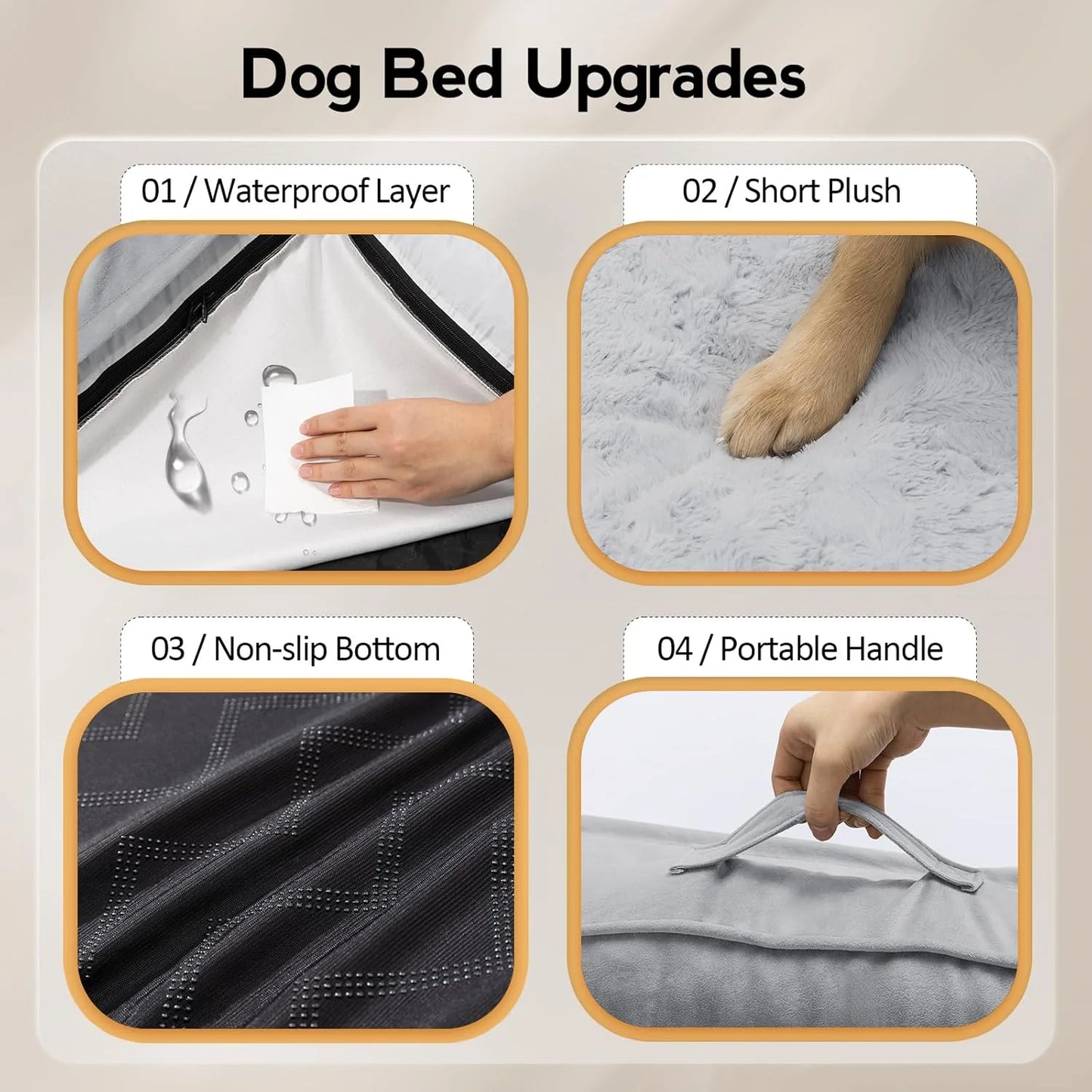 Dog bed upgrades with waterproof layer, plush surface, non-slip bottom, and portable handle on a beige background.