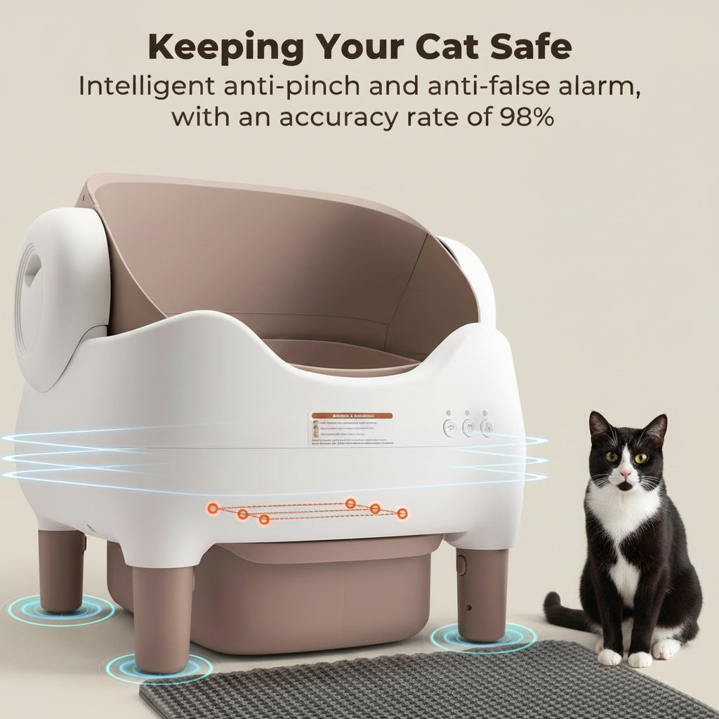 Cat sitting along side a white and beige automatic litter box displaying the safety precautions with text about its features.