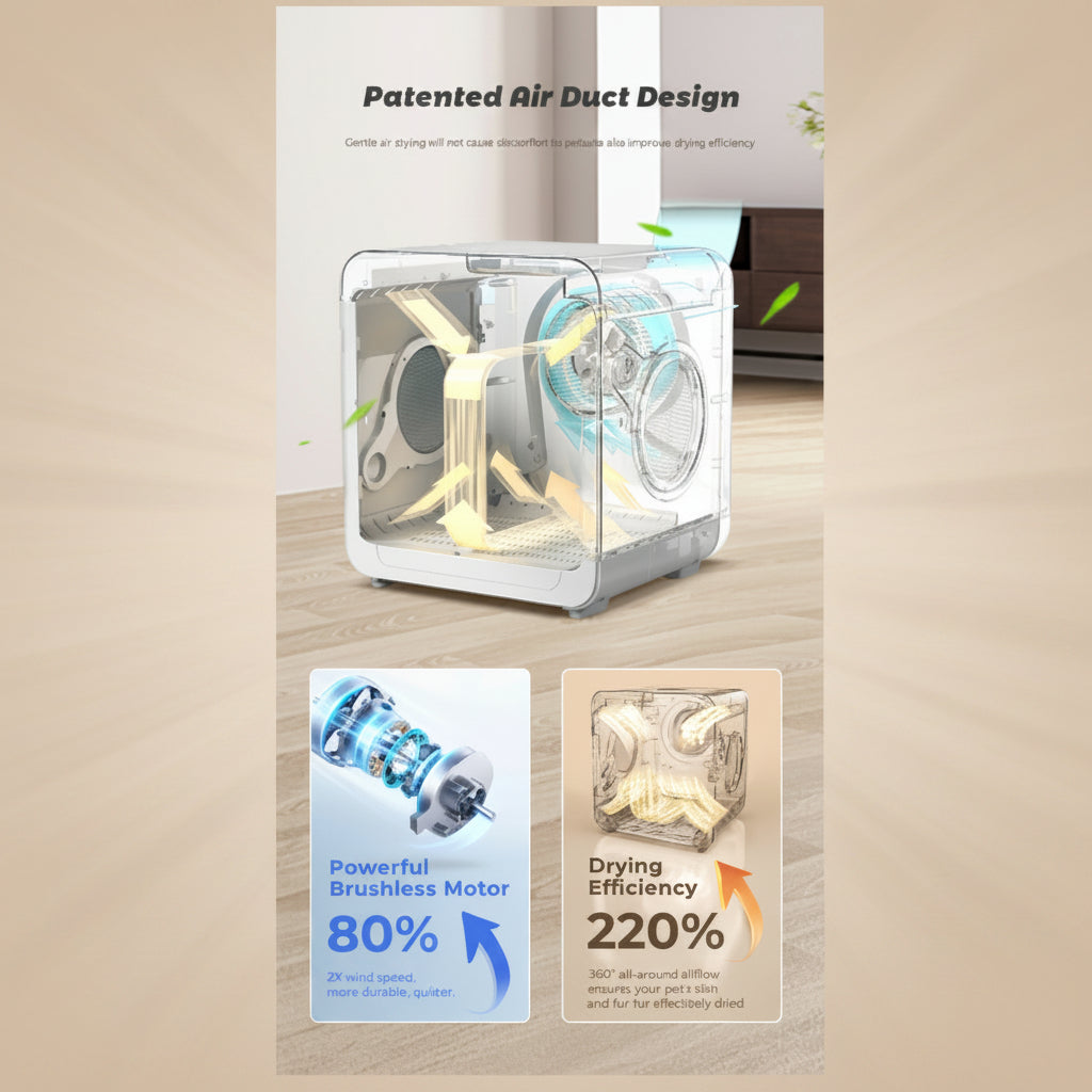 Air dryer with patent text and efficiency features on a beige background