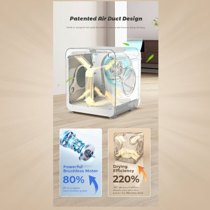 Air dryer with patent text and efficiency features on a beige background