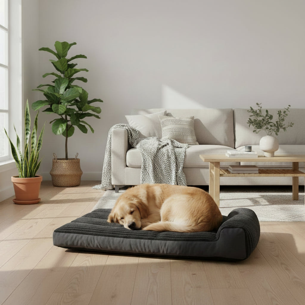Dog lying on a large gray pet bed in a cozy living room.