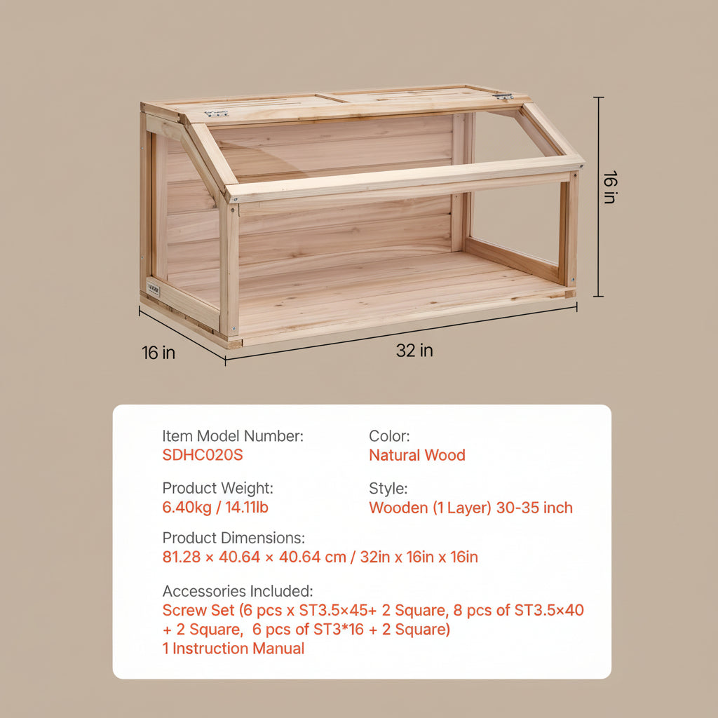 Wooden storage box with dimensions and product details on a white background