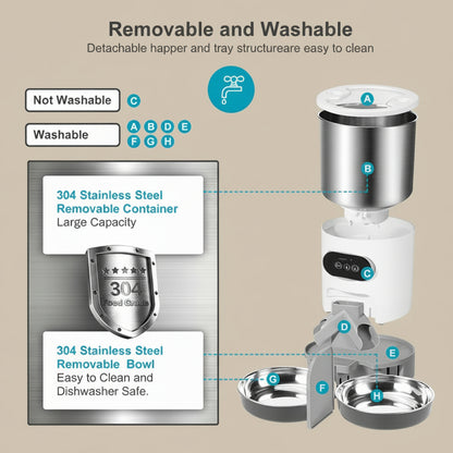 Stainless steel pet feeder with detachable parts on a beige background