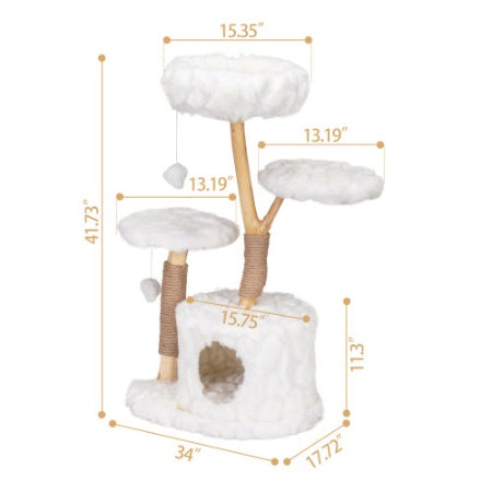 Cat tree with dimensions labeled on a white background