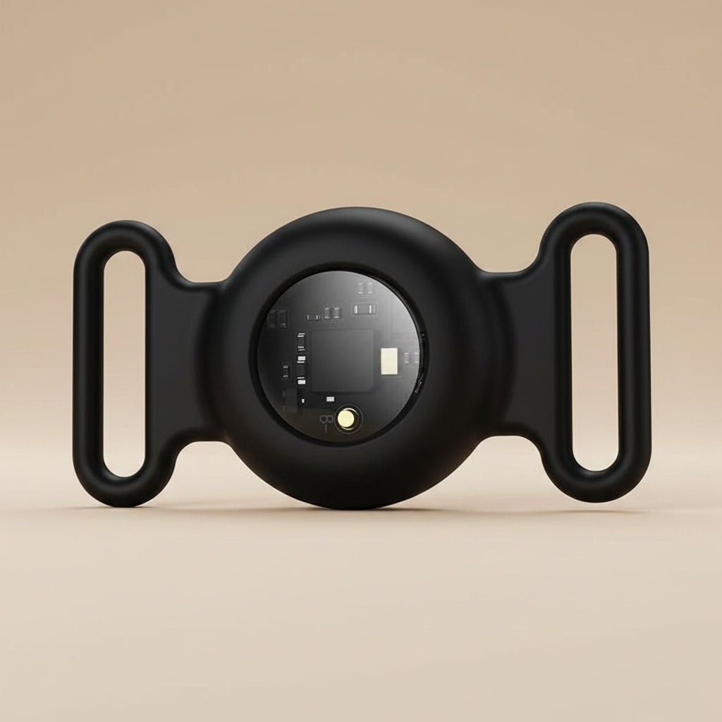 Black tracker device with a circular component on a beige background