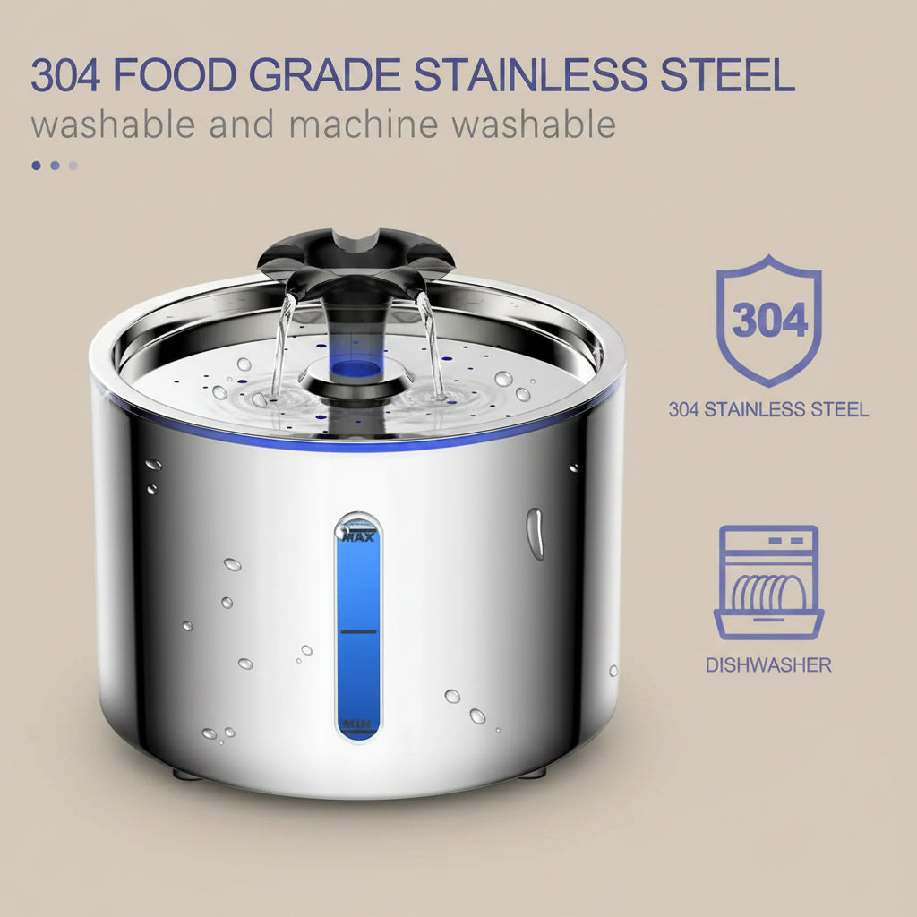Stainless steel fountain with water droplets, featuring 304 food grade stainless steel text.
