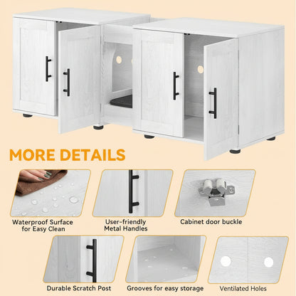 White pet playpen with open doors on a beige background, featuring details of its design and features.