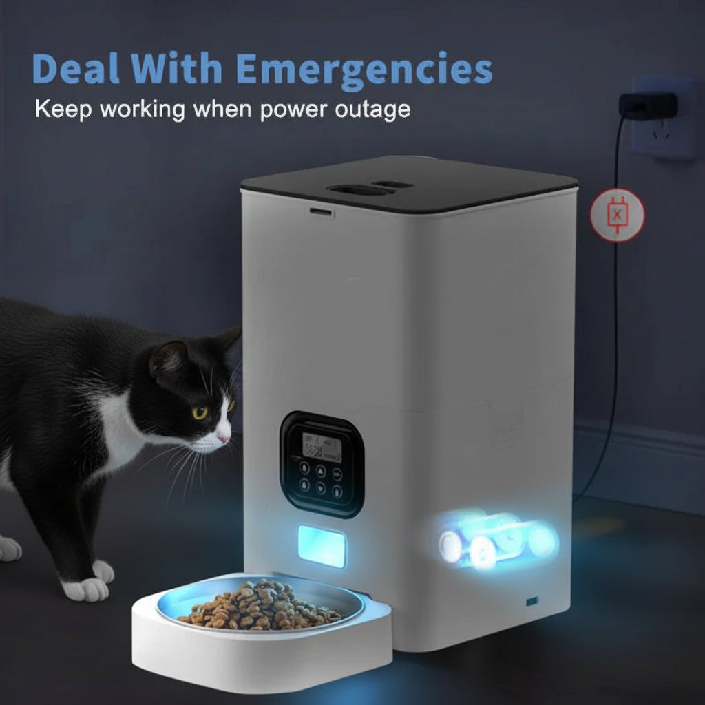 Automatic pet feeder with a cat and text about emergency power functionality.
