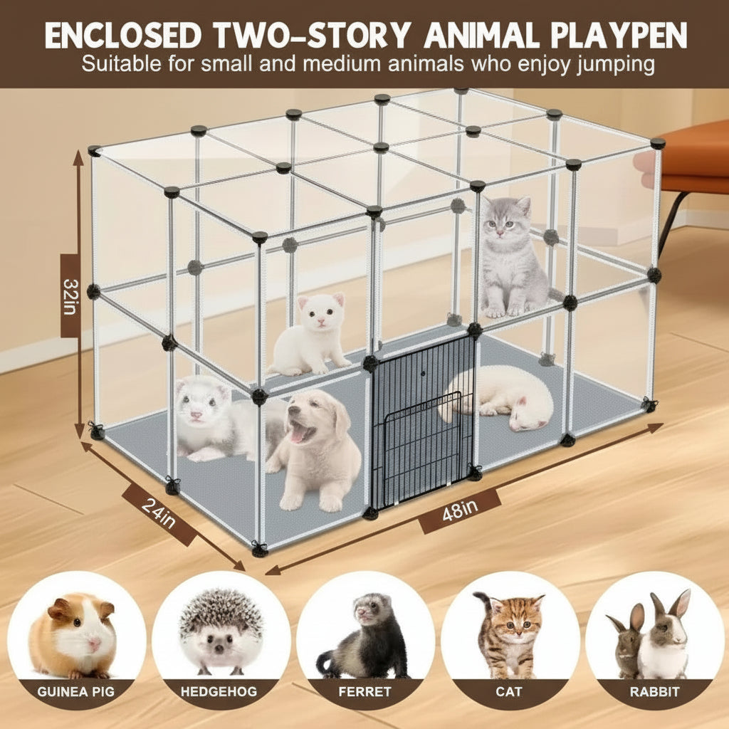 Enclosed two-story animal playpen with small animals inside, dimensions shown, and types of animals it can accommodate.