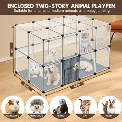 Enclosed two-story animal playpen with small animals inside, dimensions shown, and types of animals it can accommodate.