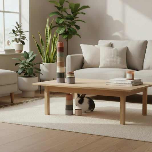 Stackable pet toys for small animals with a  rabbit playing in a living room setting