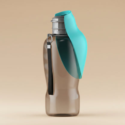 Gray water bottle with a turquoise cap on a beige background