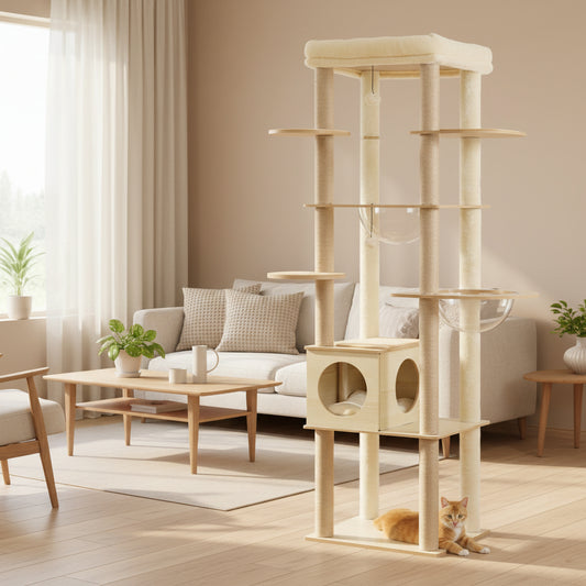 Cat tree in a living room with a cat sitting on the floor.