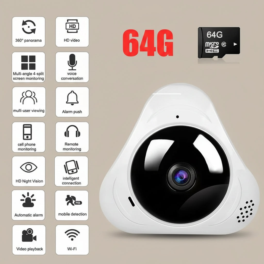 White security camera with features listed on a white background