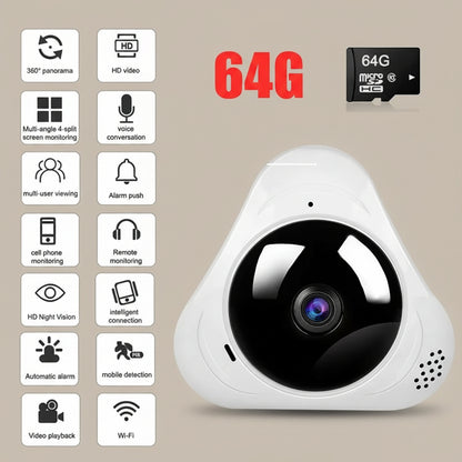 White security camera with features listed on a white background
