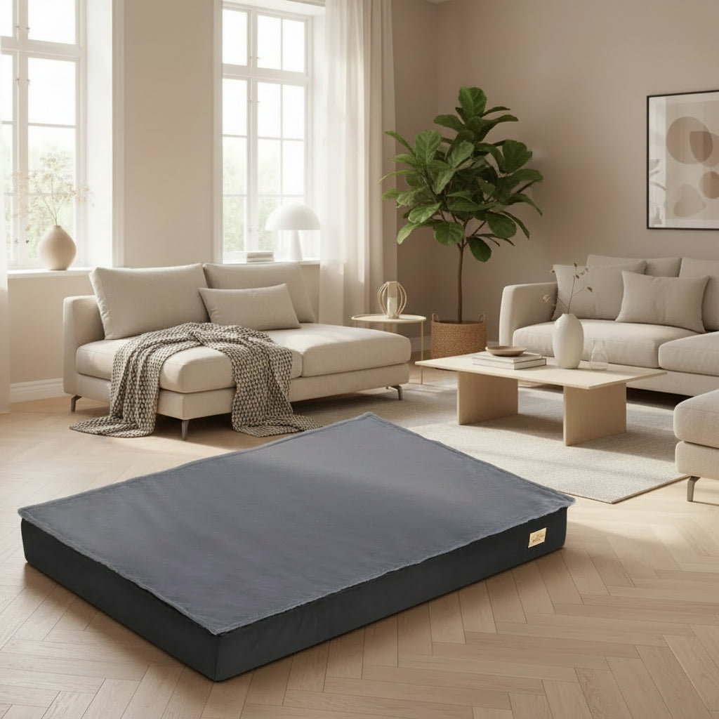 A large pet bed in a living room.