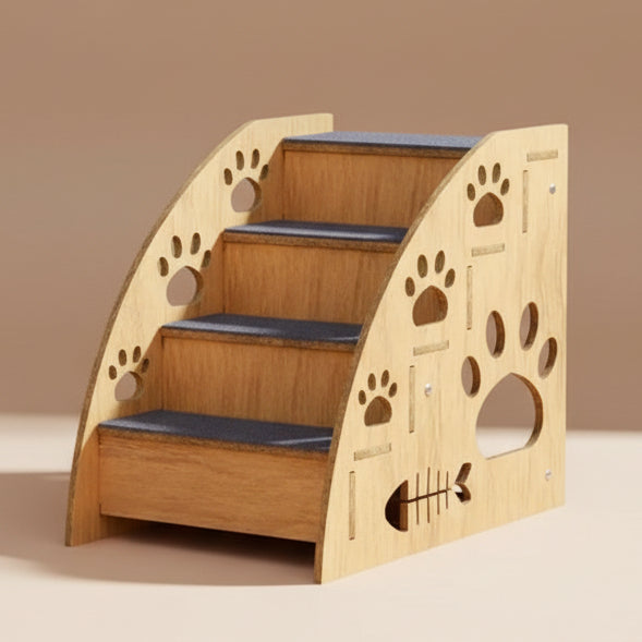 Wooden pet stairs with paw prints on a white background
