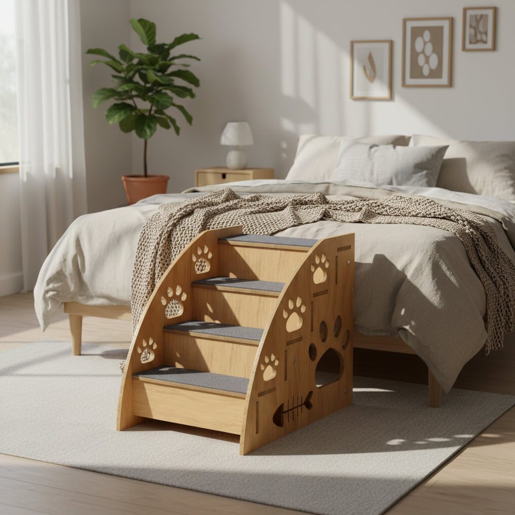 Wooden pet stairs with paw prints next to a bed in a bedroom setting.