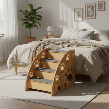 Wooden pet stairs with paw prints next to a bed in a bedroom setting.