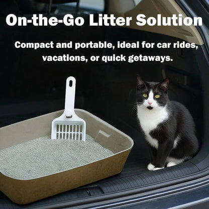 Cat litter box with scoop and cat in a car, labeled 'On-the-Go Litter Solution'.