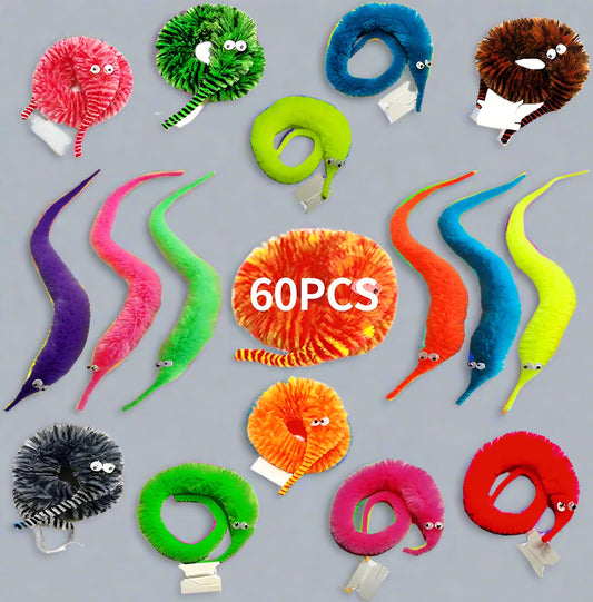 60 Pack Fuzzy Worm Toys String Pets Fuzzy Worms on String Bulk Trick Toy Party Favors for Kid Cat (12 Colors)