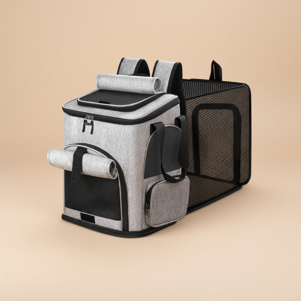 Gray Pet carrier with a beige background