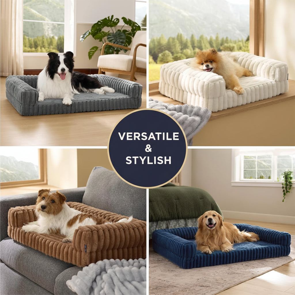 Collage of dogs on different colored pet beds with 'Versatile & Stylish' text overlay.