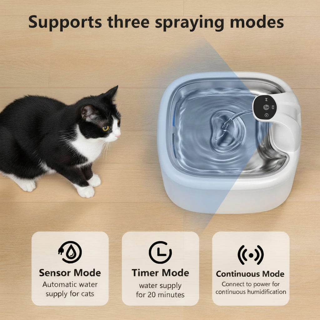 Cat interacting with an automatic pet water fountain on a wooden floor, with text indicating three spraying modes.