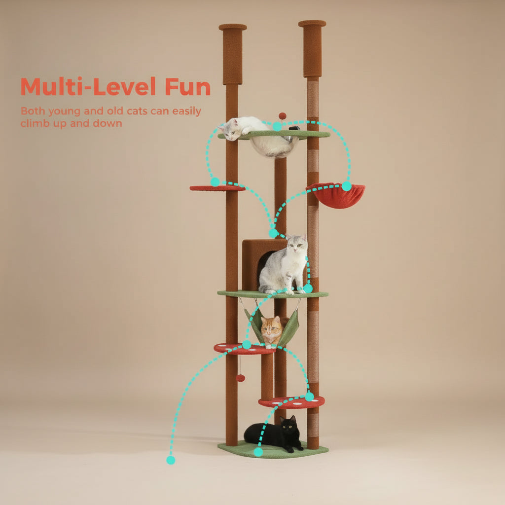 Cat tree with multiple levels in a living room setting, featuring text about its suitability for cats of different ages.