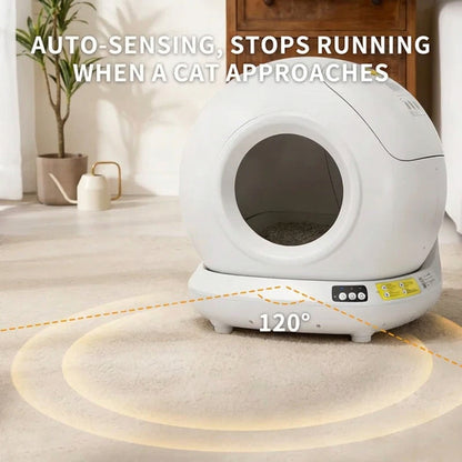 White pet litter box featuring text about auto-sensing and stopping when a cat approaches.