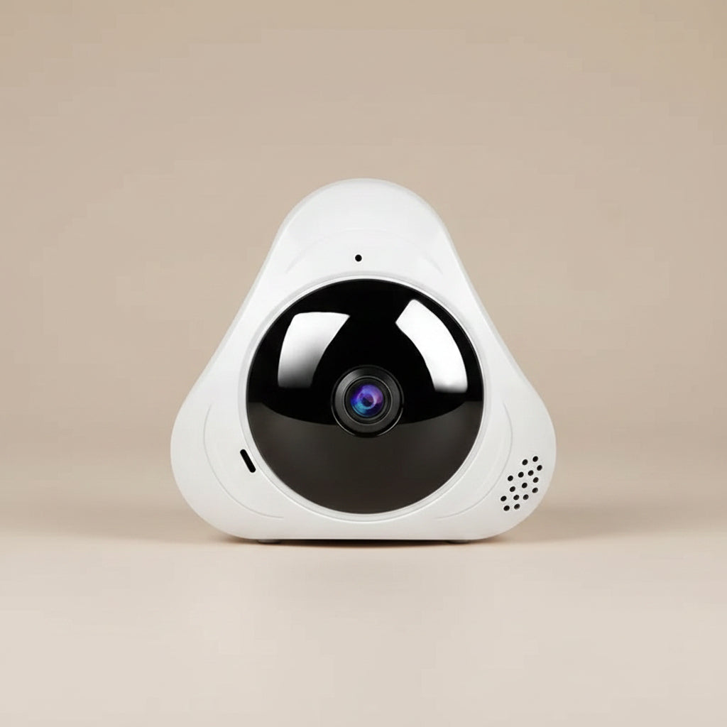 Smart home security camera with smartphone app interface on a white background