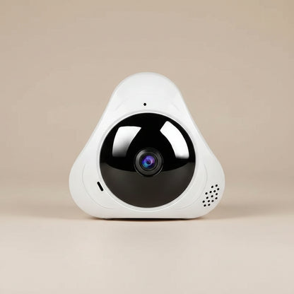 Smart home security camera with smartphone app interface on a white background