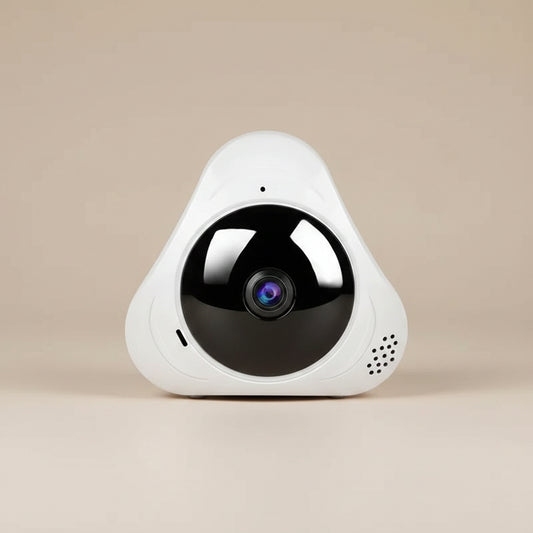 Smart home security camera with smartphone app interface on a white background