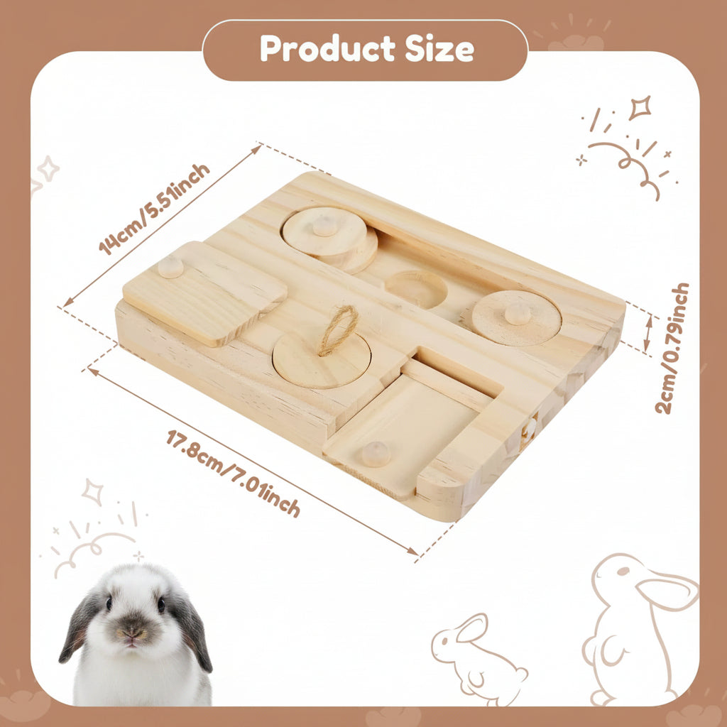 Wooden puzzle toy for small animals with measurements and a rabbit on a brown background
