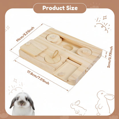 Wooden puzzle toy for small animals with measurements and a rabbit on a brown background