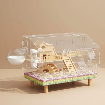 Hamster cage with clear top and wooden interior on a beige background