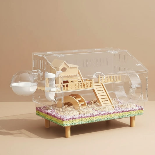Hamster cage with clear top and wooden interior on a beige background