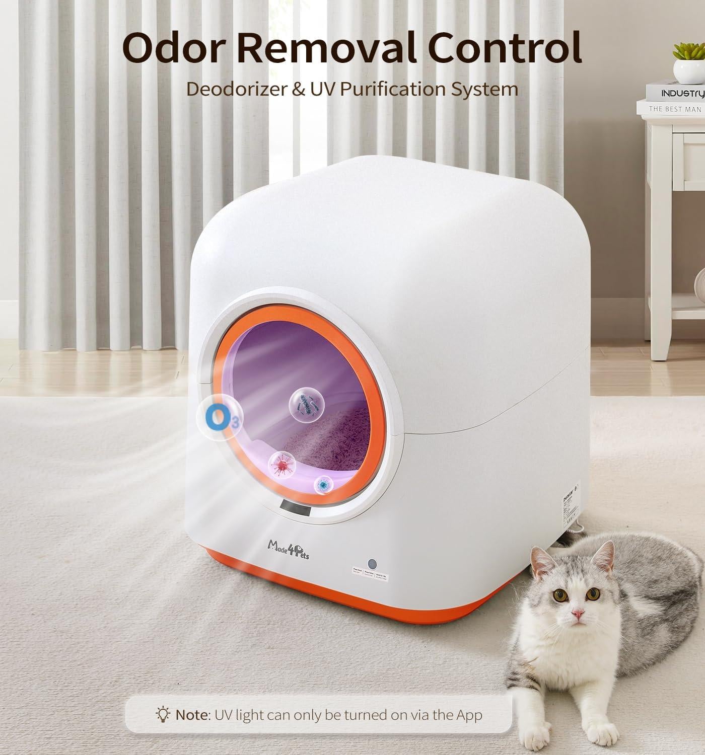 Pet odor removal control system with a cat sitting next to it in a living room.