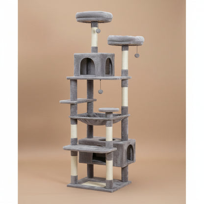 Gray cat tree with multiple levels and perches on a beige background