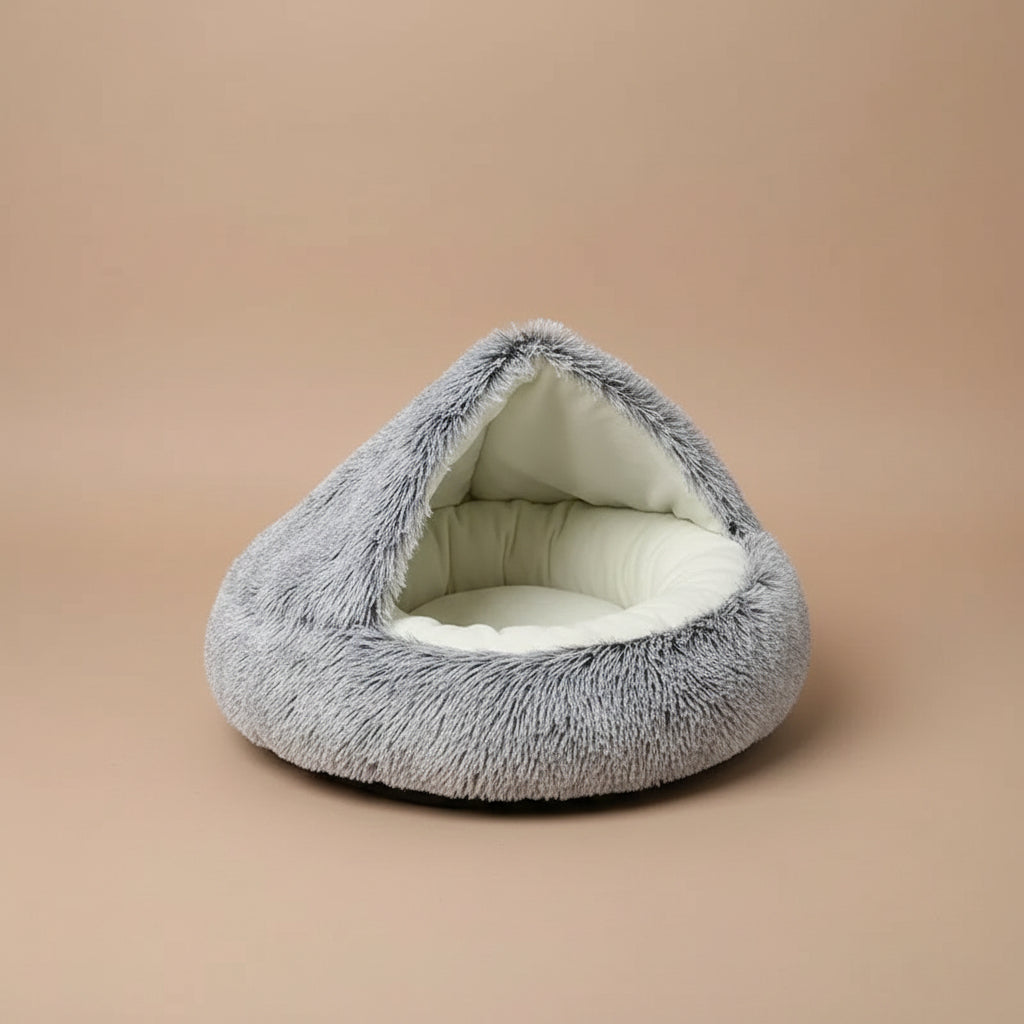 Gray pet bed with white interior on a white background