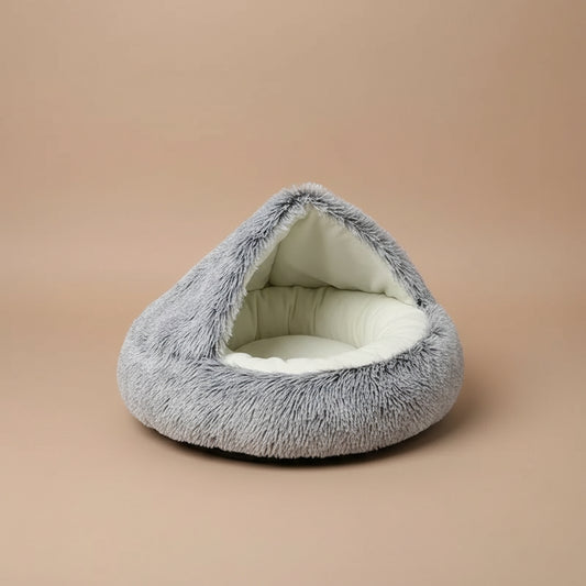 Gray pet bed with white interior on a white background