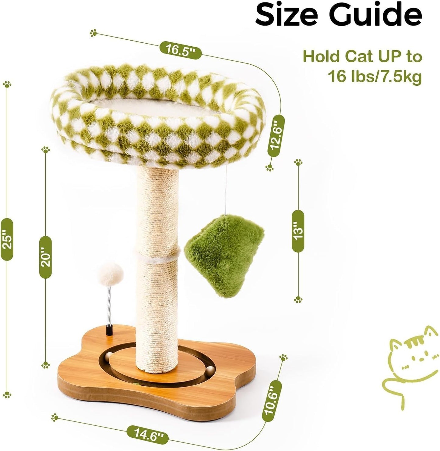 Mewoo Cat Scratching Post & Bed | 2-in-1 Small Cat Tower With Sisal Scratcher And Ball Track Toys Green, Medium