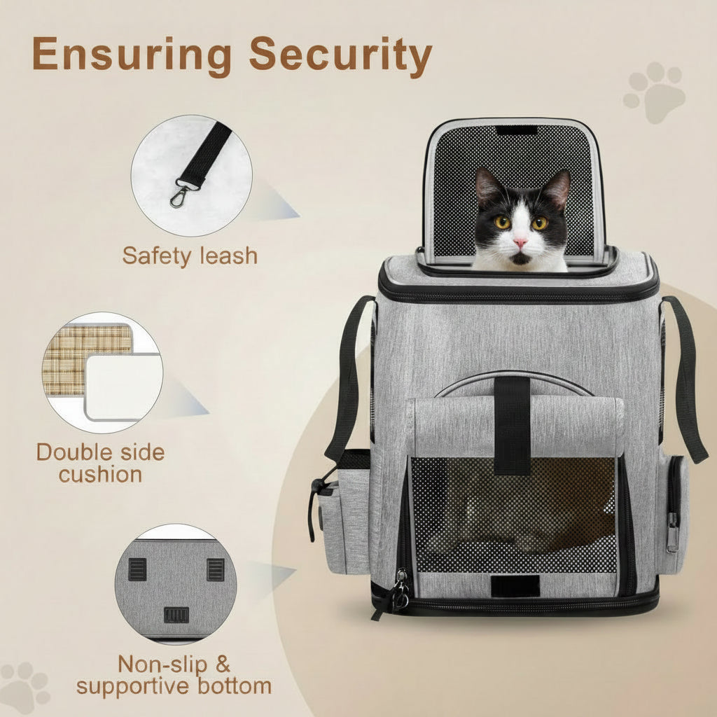 Pet carrier with features highlighted on a white background