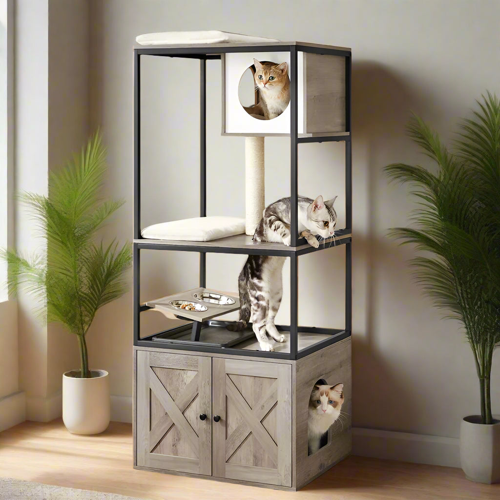 Kimmel 58" Cat Condo with Litter Box Enclosure and Elevated Bowls