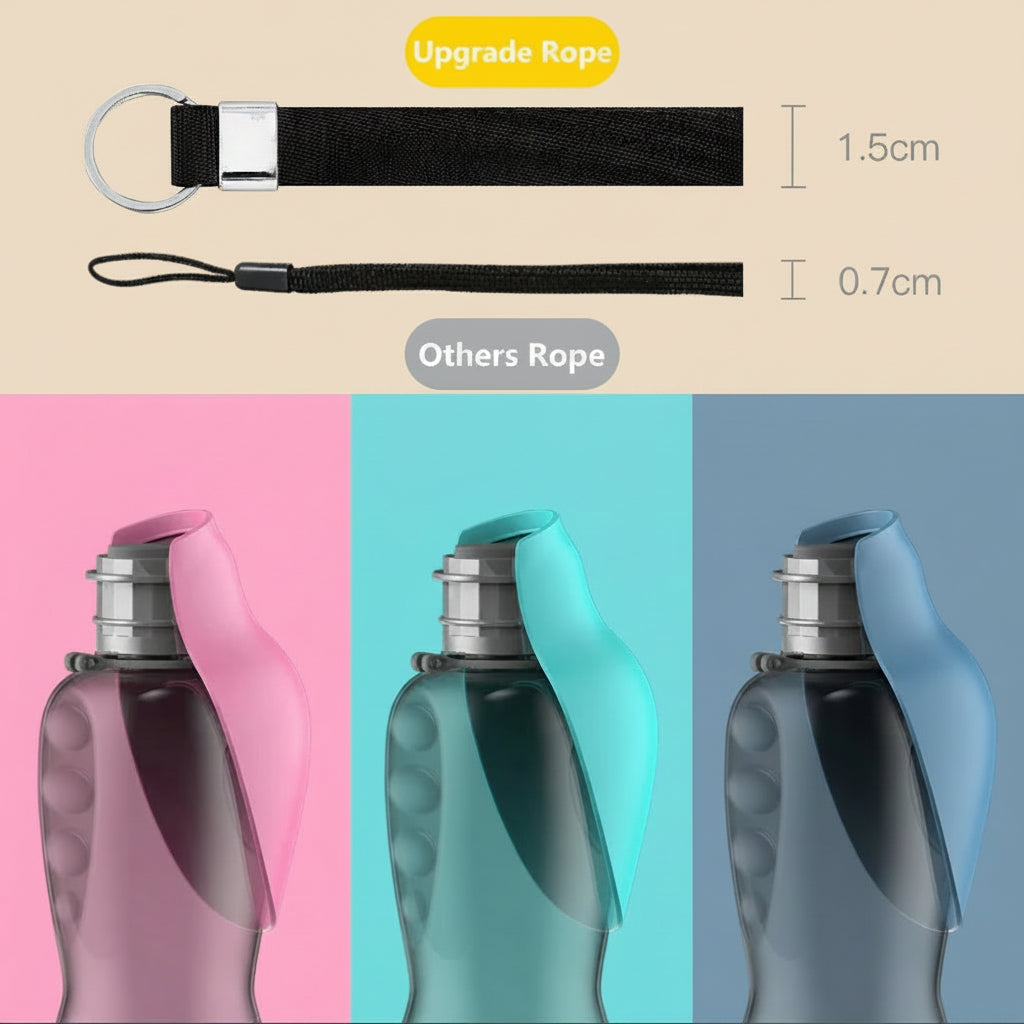 Three colorful water bottles with a black upgrade rope on a pink, blue, and gray background.