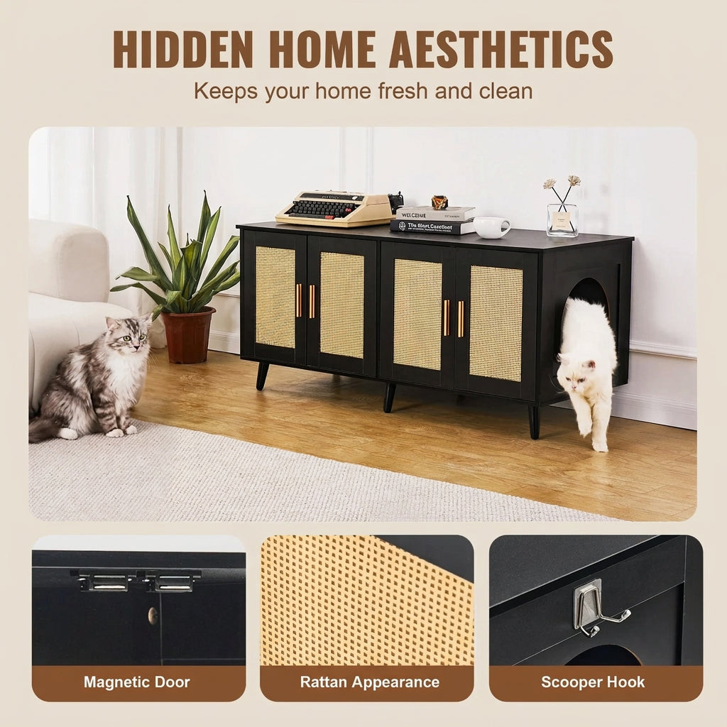 Cabinet with pet door in a home setting, featuring cats using it.